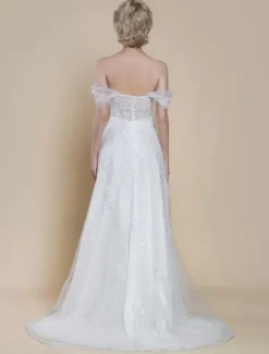 Boho Wedding Dress Lace Lace Ball Gown With Train Natural Waist Off-The-Shoulder Zipper Short Sleeves Designed Neckline Ivory
