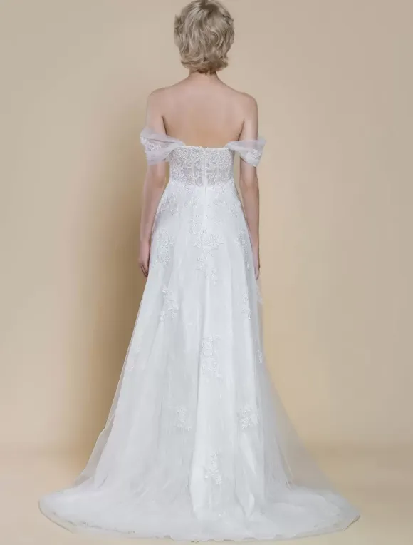 Boho Wedding Dress Lace Lace Ball Gown With Train Natural Waist Off-The-Shoulder Zipper Short Sleeves Designed Neckline Ivory