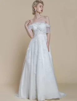 Boho Wedding Dress Lace Lace Ball Gown With Train Natural Waist Off-The-Shoulder Zipper Short Sleeves Designed Neckline Ivory