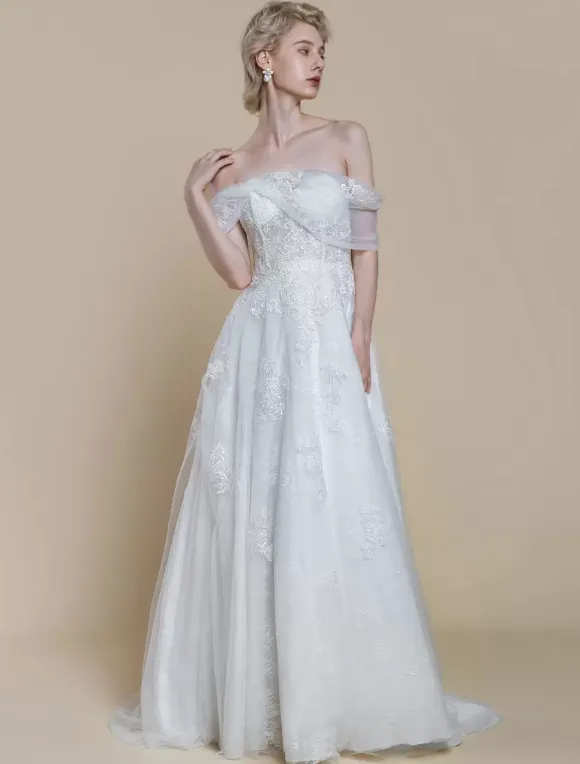 Boho Wedding Dress Lace Lace Ball Gown With Train Natural Waist Off-The-Shoulder Zipper Short Sleeves Designed Neckline Ivory