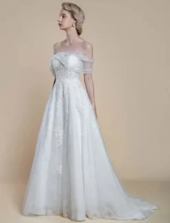 Boho Wedding Dress Lace Lace Ball Gown With Train Natural Waist Off-The-Shoulder Zipper Short Sleeves Designed Neckline Ivory