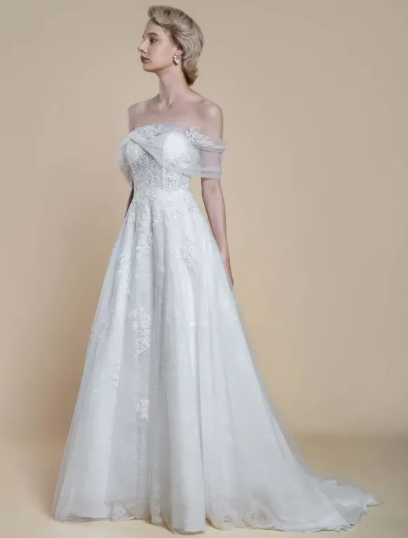 Boho Wedding Dress Lace Lace Ball Gown With Train Natural Waist Off-The-Shoulder Zipper Short Sleeves Designed Neckline Ivory