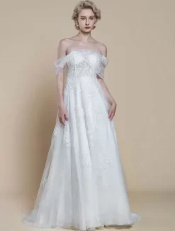 Boho Wedding Dress Lace Lace Ball Gown With Train Natural Waist Off-The-Shoulder Zipper Short Sleeves Designed Neckline Ivory
