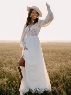 Boho Wedding Dress Lace Pleated A-Line With Train Natural Waist Lace-up Long Sleeves V-Neck Ivory