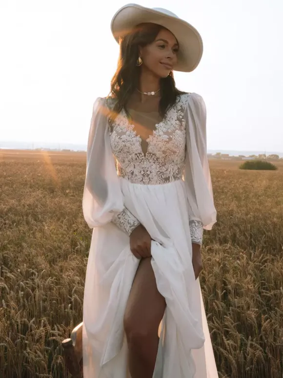Boho Wedding Dress Lace Pleated A-Line With Train Natural Waist Lace-up Long Sleeves V-Neck Ivory