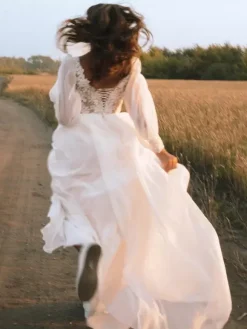 Boho Wedding Dress Lace Pleated A-Line With Train Natural Waist Lace-up Long Sleeves V-Neck Ivory