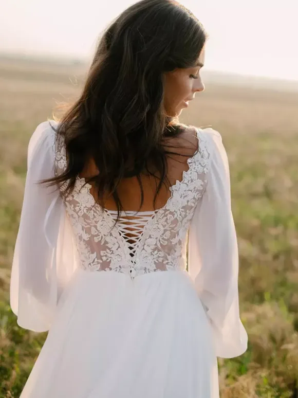 Boho Wedding Dress Lace Pleated A-Line With Train Natural Waist Lace-up Long Sleeves V-Neck Ivory