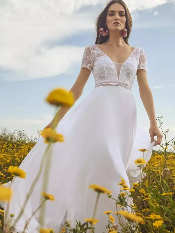 Boho Wedding Dress Lace Sash A-Line With Train Natural Waist Zipper Short Sleeves V-Neck Ivory