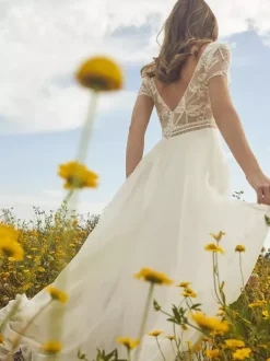 Boho Wedding Dress Lace Sash A-Line With Train Natural Waist Zipper Short Sleeves V-Neck Ivory