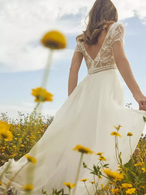 Boho Wedding Dress Lace Sash A-Line With Train Natural Waist Zipper Short Sleeves V-Neck Ivory