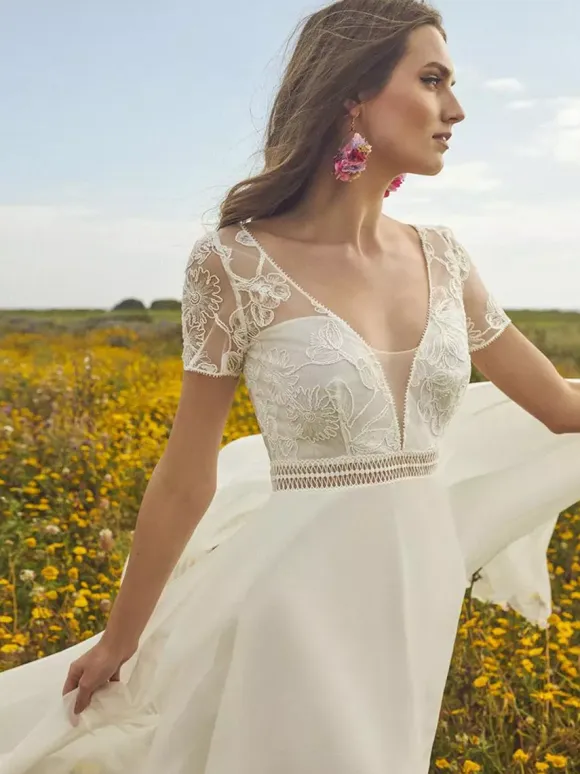 Boho Wedding Dress Lace Sash A-Line With Train Natural Waist Zipper Short Sleeves V-Neck Ivory
