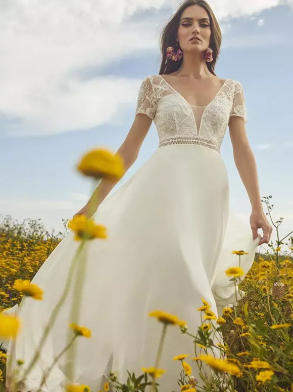 Boho Wedding Dress Lace Sash A-Line With Train Natural Waist Zipper Short Sleeves V-Neck Ivory