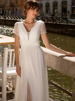 Boho Wedding Dress Lace Split Front A-Line Floor-Length Natural Waist Zipper Short Sleeves V-Neck Ivory