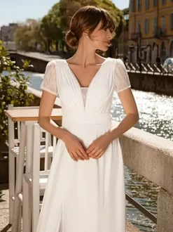 Boho Wedding Dress Lace Split Front A-Line Floor-Length Natural Waist Zipper Short Sleeves V-Neck Ivory