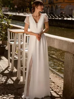 Boho Wedding Dress Lace Split Front A-Line Floor-Length Natural Waist Zipper Short Sleeves V-Neck Ivory