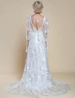 Boho Wedding Dress Polyester Lace A-Line With Train Natural Waist Backless Long Sleeves V-Neck Ivory