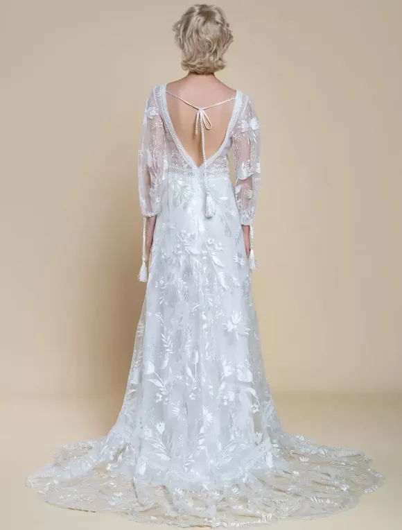 Boho Wedding Dress Polyester Lace A-Line With Train Natural Waist Backless Long Sleeves V-Neck Ivory