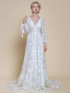 Boho Wedding Dress Polyester Lace A-Line With Train Natural Waist Backless Long Sleeves V-Neck Ivory