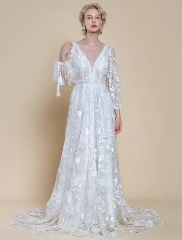 Boho Wedding Dress Polyester Lace A-Line With Train Natural Waist Backless Long Sleeves V-Neck Ivory