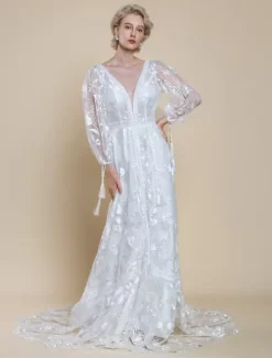 Boho Wedding Dress Polyester Lace A-Line With Train Natural Waist Backless Long Sleeves V-Neck Ivory