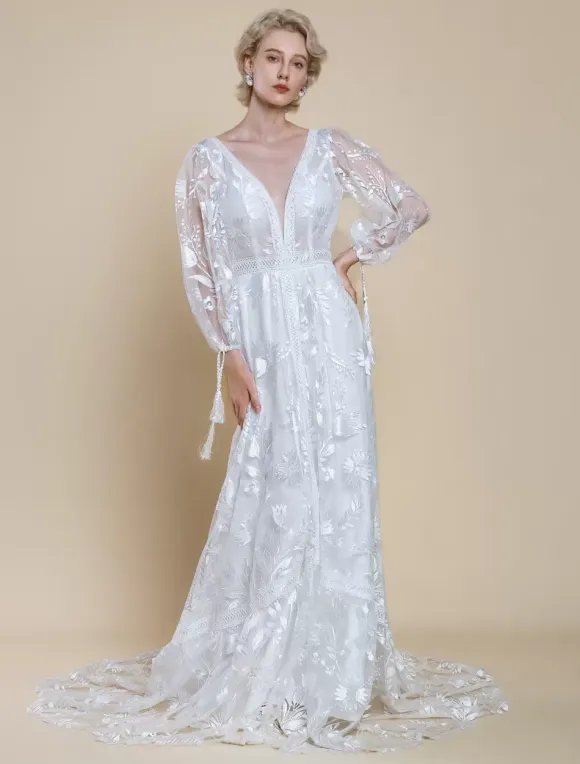 Boho Wedding Dress Polyester Lace A-Line With Train Natural Waist Backless Long Sleeves V-Neck Ivory