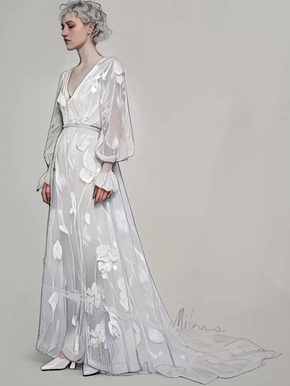 Boho Wedding Dress Polyester Lace A-Line With Train Natural Waist Backless Long Sleeves V-Neck Ivory