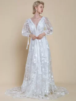 Boho Wedding Dress Polyester Lace A-Line With Train Natural Waist Backless Long Sleeves V-Neck Ivory