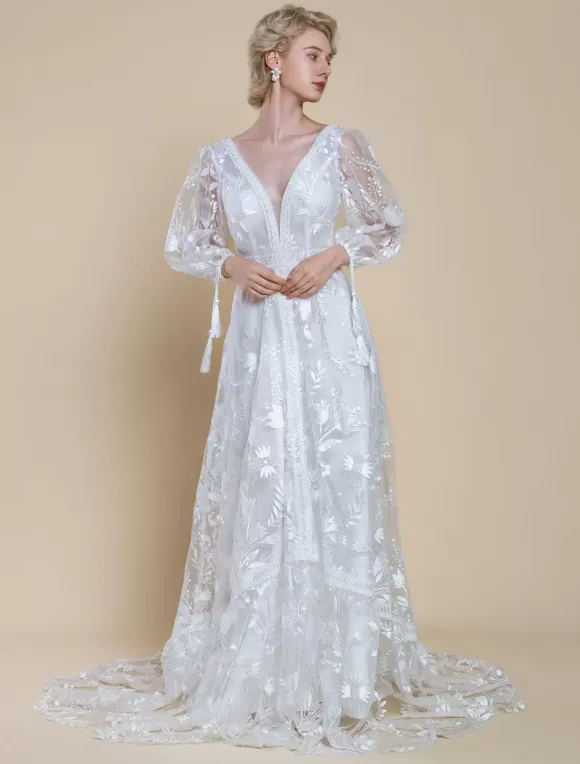Boho Wedding Dress Polyester Lace A-Line With Train Natural Waist Backless Long Sleeves V-Neck Ivory