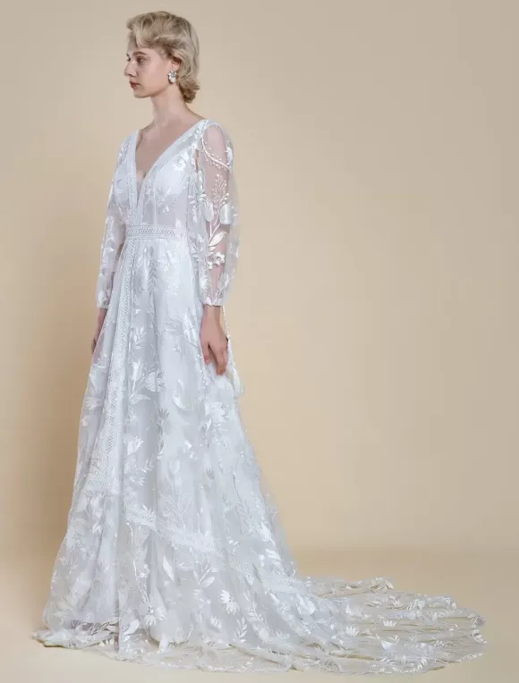 Boho Wedding Dress Polyester Lace A-Line With Train Natural Waist Backless Long Sleeves V-Neck Ivory