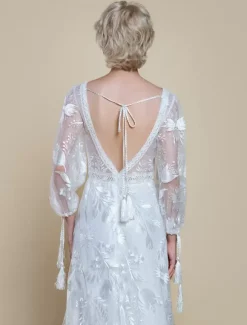 Boho Wedding Dress Polyester Lace A-Line With Train Natural Waist Backless Long Sleeves V-Neck Ivory