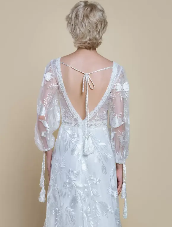Boho Wedding Dress Polyester Lace A-Line With Train Natural Waist Backless Long Sleeves V-Neck Ivory