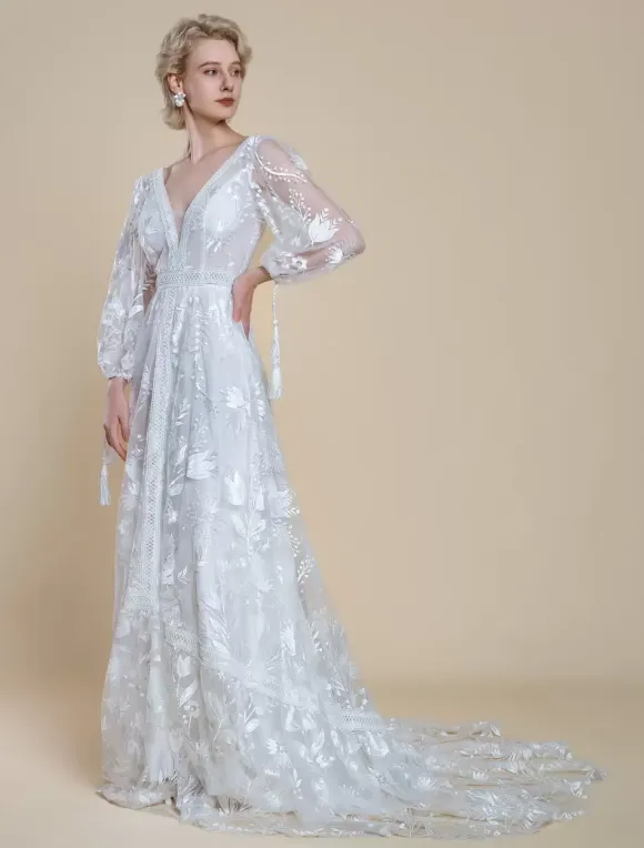 Boho Wedding Dress Polyester Lace A-Line With Train Natural Waist Backless Long Sleeves V-Neck Ivory