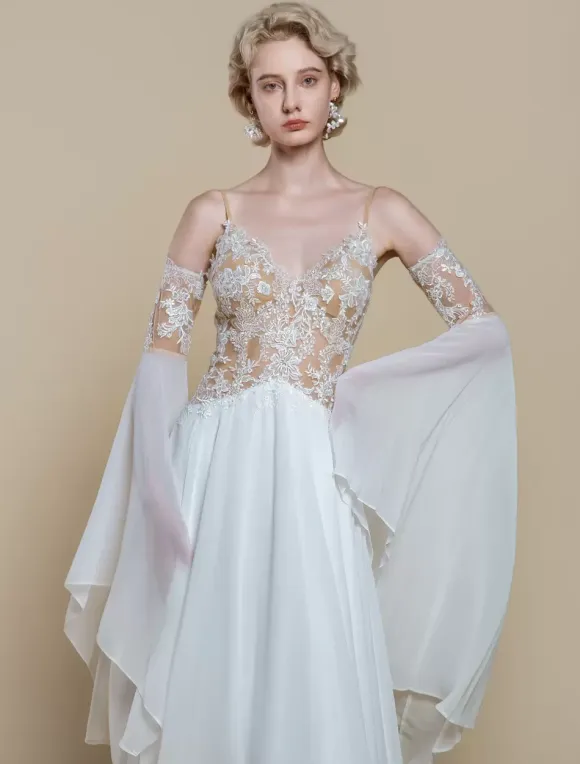Boho Wedding Dress Polyester Lace A-Line With Train Natural Waist Spaghetti Straps Zipper Long Sleeves Designed Neckline Ivory
