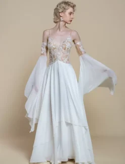 Boho Wedding Dress Polyester Lace A-Line With Train Natural Waist Spaghetti Straps Zipper Long Sleeves Designed Neckline Ivory