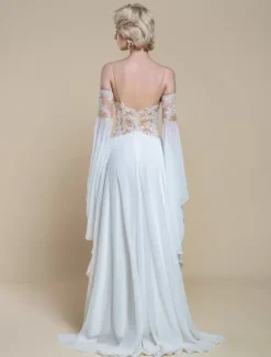 Boho Wedding Dress Polyester Lace A-Line With Train Natural Waist Spaghetti Straps Zipper Long Sleeves Designed Neckline Ivory