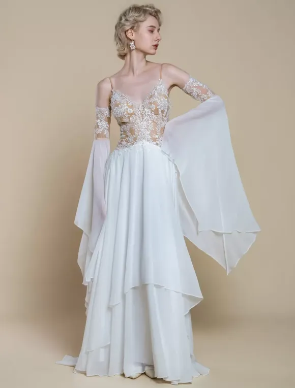 Boho Wedding Dress Polyester Lace A-Line With Train Natural Waist Spaghetti Straps Zipper Long Sleeves Designed Neckline Ivory
