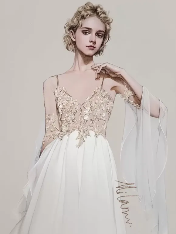 Boho Wedding Dress Polyester Lace A-Line With Train Natural Waist Spaghetti Straps Zipper Long Sleeves Designed Neckline Ivory