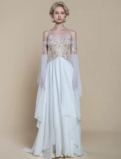 Boho Wedding Dress Polyester Lace A-Line With Train Natural Waist Spaghetti Straps Zipper Long Sleeves Designed Neckline Ivory