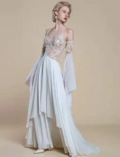 Boho Wedding Dress Polyester Lace A-Line With Train Natural Waist Spaghetti Straps Zipper Long Sleeves Designed Neckline Ivory