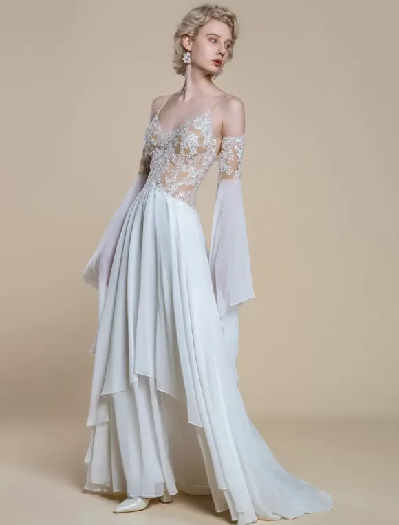 Boho Wedding Dress Polyester Lace A-Line With Train Natural Waist Spaghetti Straps Zipper Long Sleeves Designed Neckline Ivory