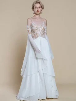 Boho Wedding Dress Polyester Lace A-Line With Train Natural Waist Spaghetti Straps Zipper Long Sleeves Designed Neckline Ivory