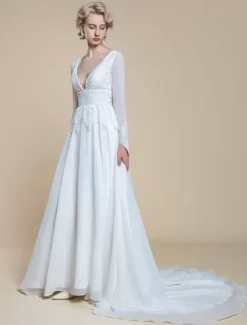 Boho Wedding Dress Polyester Lace A-Line With Train Empire Waist Zipper Long Sleeves V-Neck Ivory