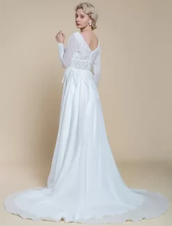 Boho Wedding Dress Polyester Lace A-Line With Train Empire Waist Zipper Long Sleeves V-Neck Ivory