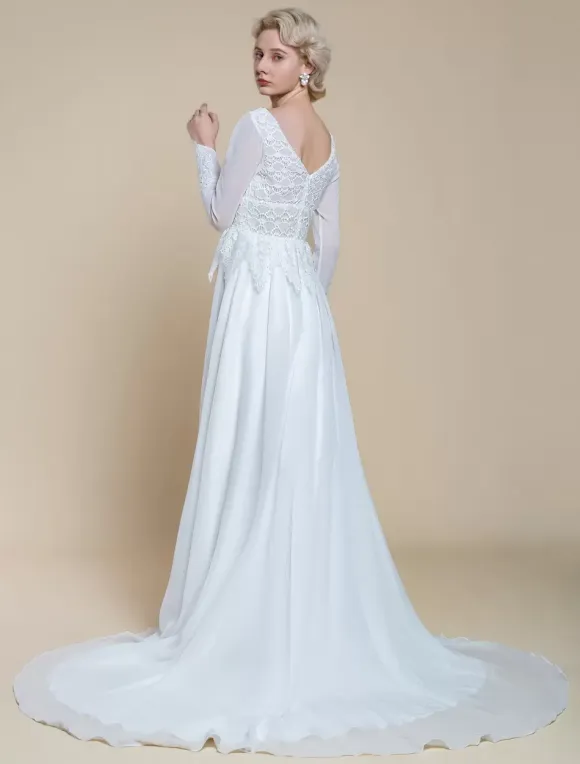 Boho Wedding Dress Polyester Lace A-Line With Train Empire Waist Zipper Long Sleeves V-Neck Ivory