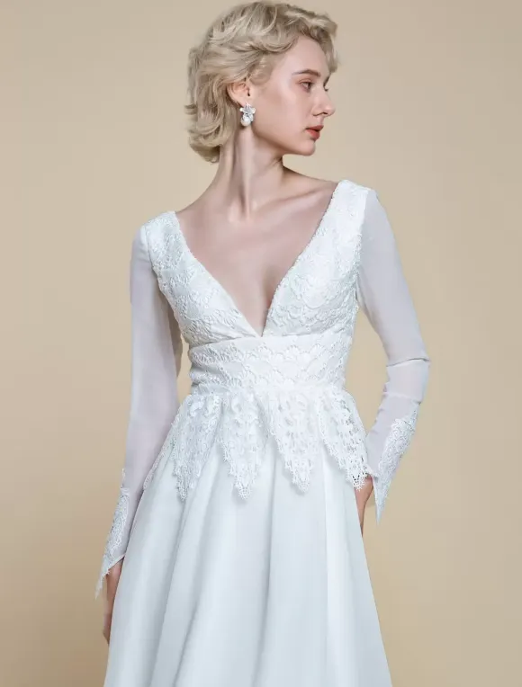 Boho Wedding Dress Polyester Lace A-Line With Train Empire Waist Zipper Long Sleeves V-Neck Ivory
