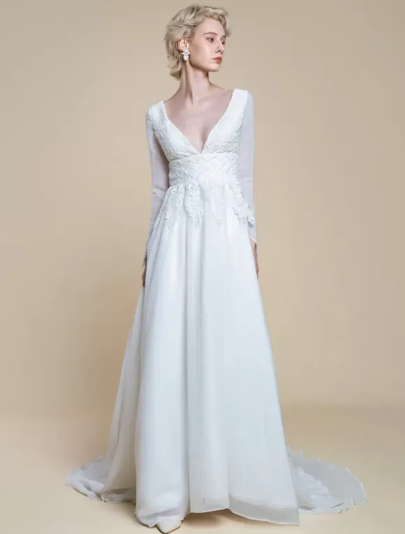 Boho Wedding Dress Polyester Lace A-Line With Train Empire Waist Zipper Long Sleeves V-Neck Ivory