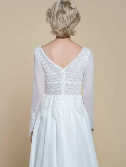 Boho Wedding Dress Polyester Lace A-Line With Train Empire Waist Zipper Long Sleeves V-Neck Ivory