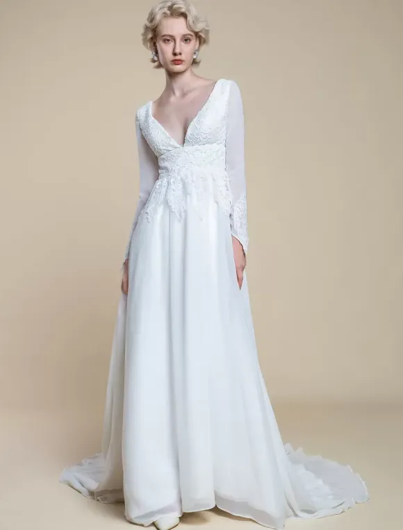 Boho Wedding Dress Polyester Lace A-Line With Train Empire Waist Zipper Long Sleeves V-Neck Ivory