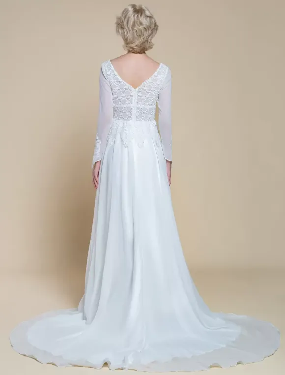 Boho Wedding Dress Polyester Lace A-Line With Train Empire Waist Zipper Long Sleeves V-Neck Ivory