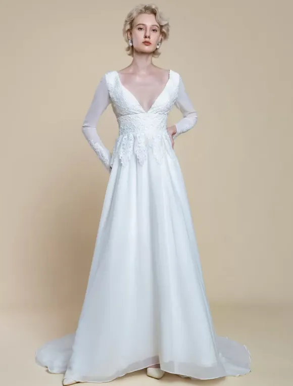 Boho Wedding Dress Polyester Lace A-Line With Train Empire Waist Zipper Long Sleeves V-Neck Ivory